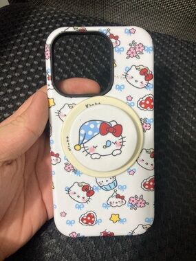 White Hello Kitty Style Cute Print 16Pro Case with Pop Socket